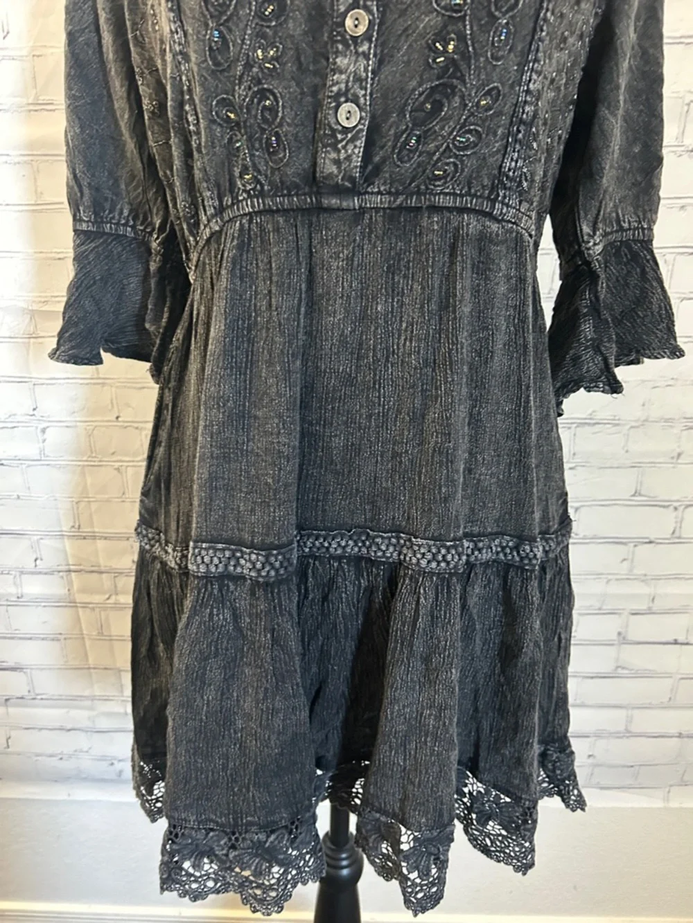 NWT Young Threads Embroidered Washed Gray Boho Tunic Dress. Medium - Picture 6 of 6